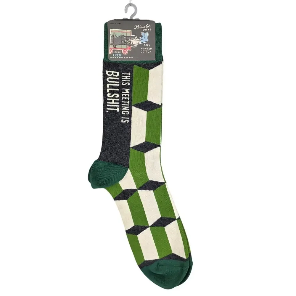 BLUE Q MEN’S CREW SOCKS “MEETING IS BULL$HIT” FUNNY NOVELTY - FITS SIZE 7–12